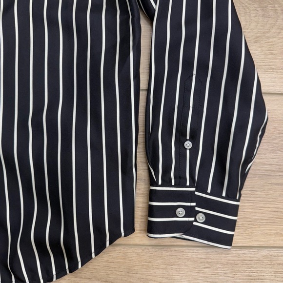 LRL Ralph Lauren Silk Black White Striped‎ Ruffle Front Dark Coquette Goth L - Picture 6 of 15